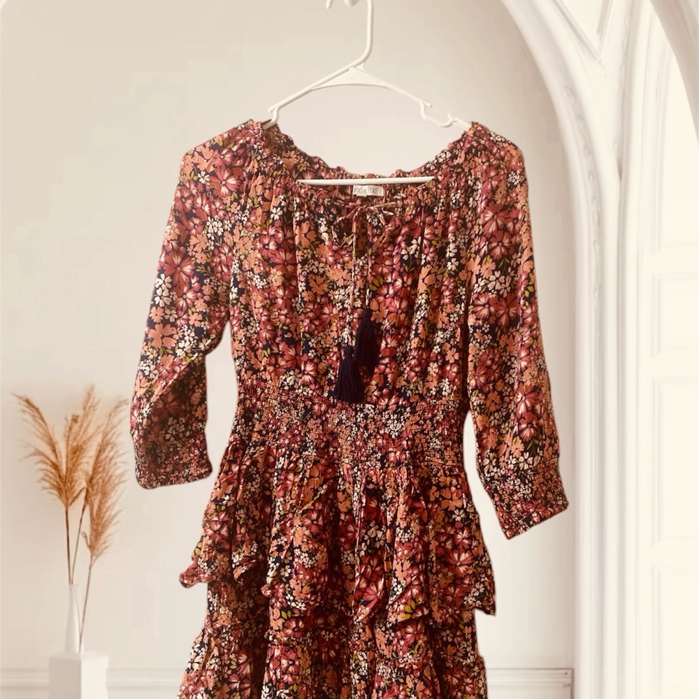 Brown and Orange Ruffled Tiered Sundress with Tie Front